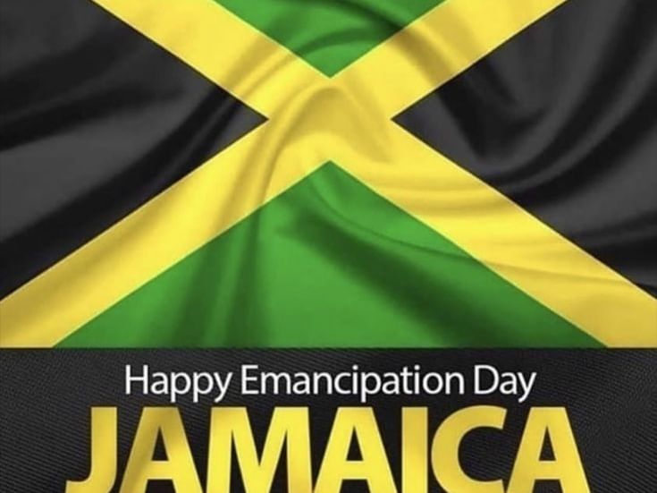 Happy Emancipation Day Jamaica promo banner showing Jamaican flag pattern on dark background used by Jamaica Pegasus Hotel