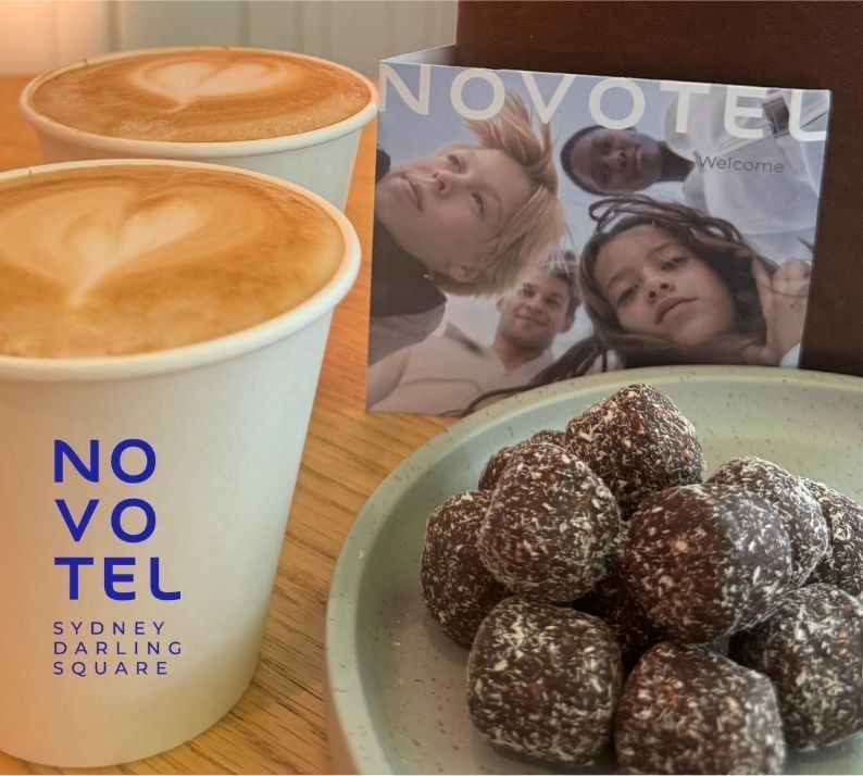 Protein balls and cappuccino served at Novotel Darling Square