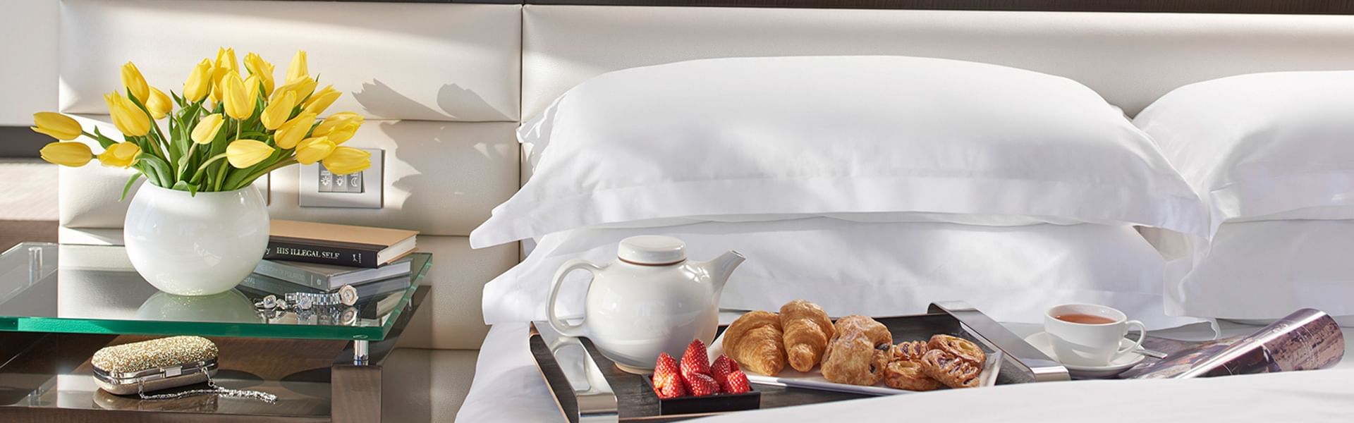 Close-up of breakfast served in bed at Crown Hotels 