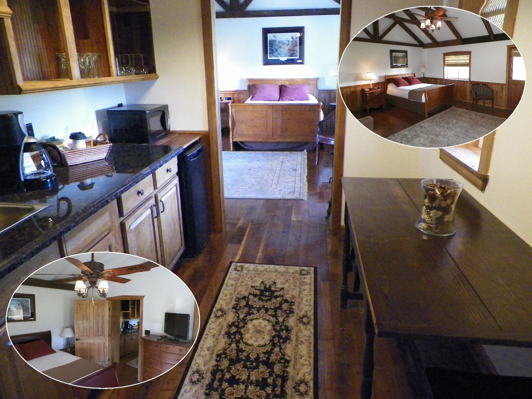 bedroom and kitchen with wooden décor