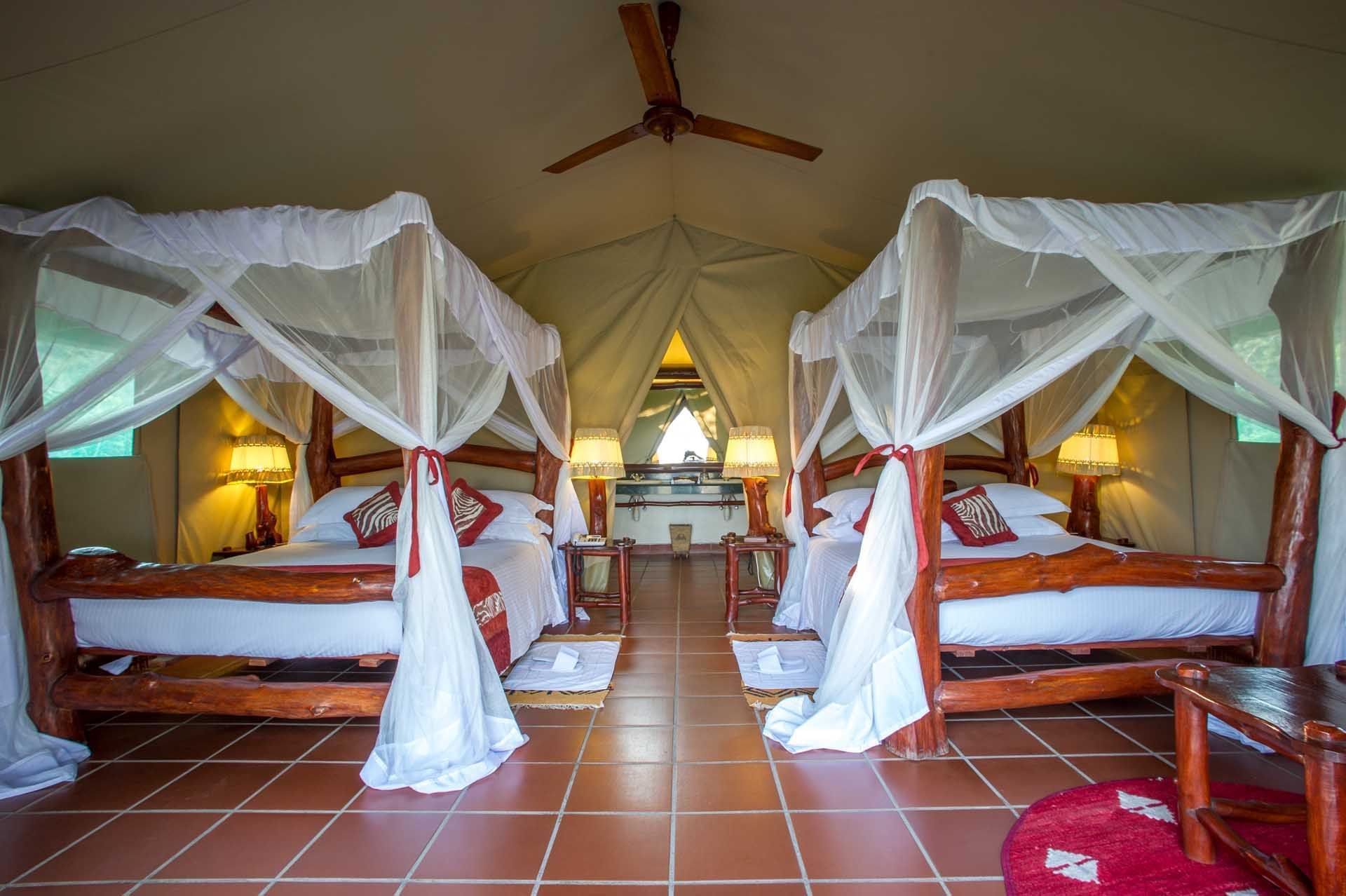 Cozy beds in tent at Mbuzi Mawe Serena Camp
