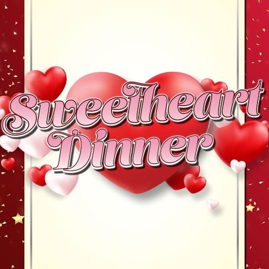 Sweetheart Dinner Logo against a cream and dark red background
