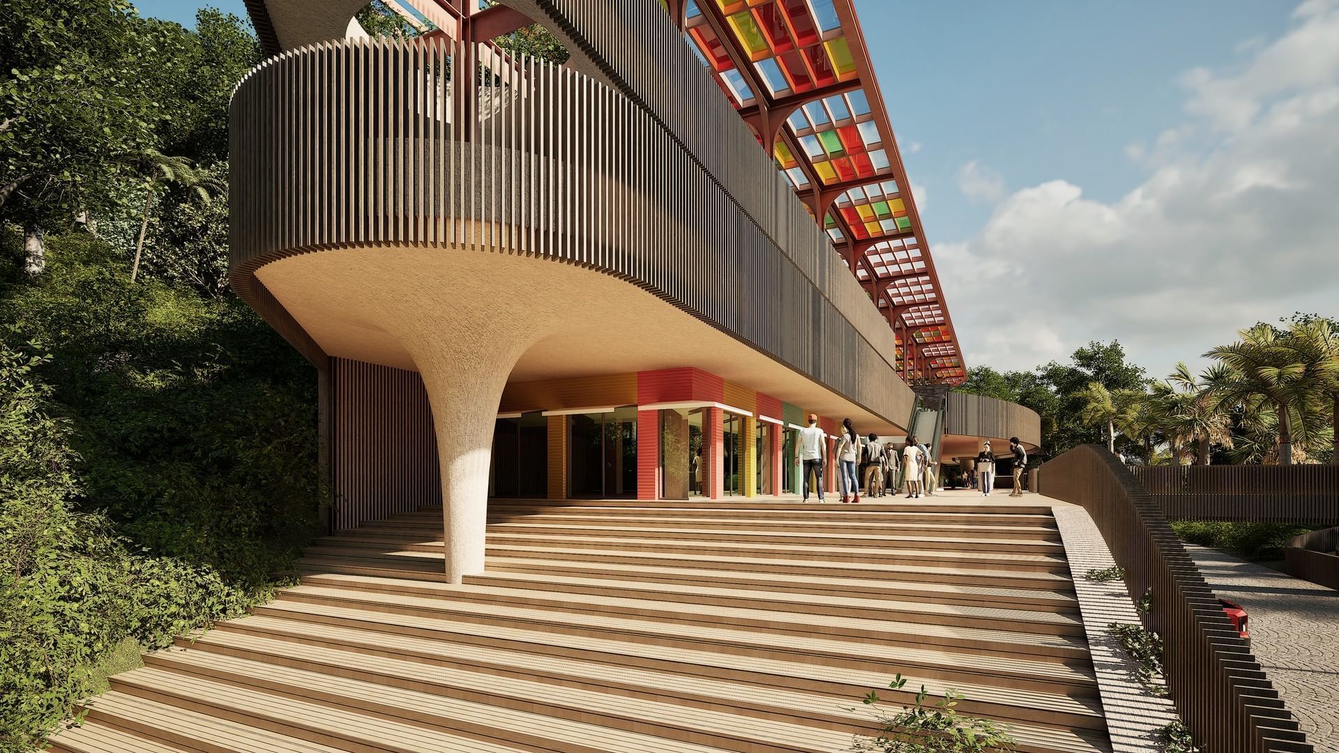 BlueZone Shopping Center with a unique rounded support, a tiered walkway, and a vibrant rooftop at A'ila Resorts