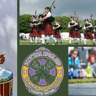 Post of pipe band perform in kilts at the Scottish Highland Gathering and Games used at The Rose Hotel