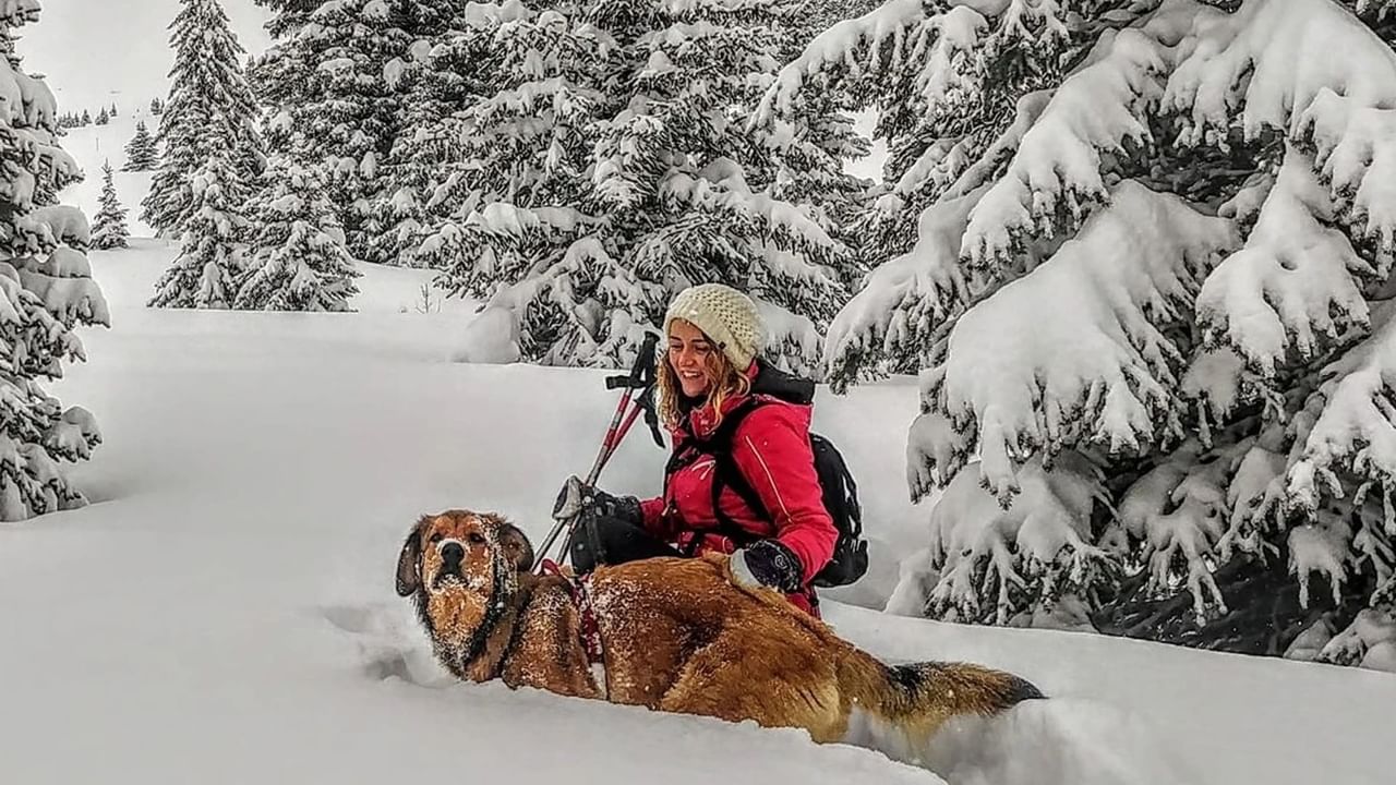 A woman and her dog go hiking during a pet-friendly winter vacation in Canmore.