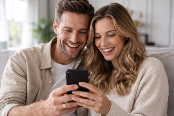 Husband and wife looking at their wedding photo previews from their photographer
