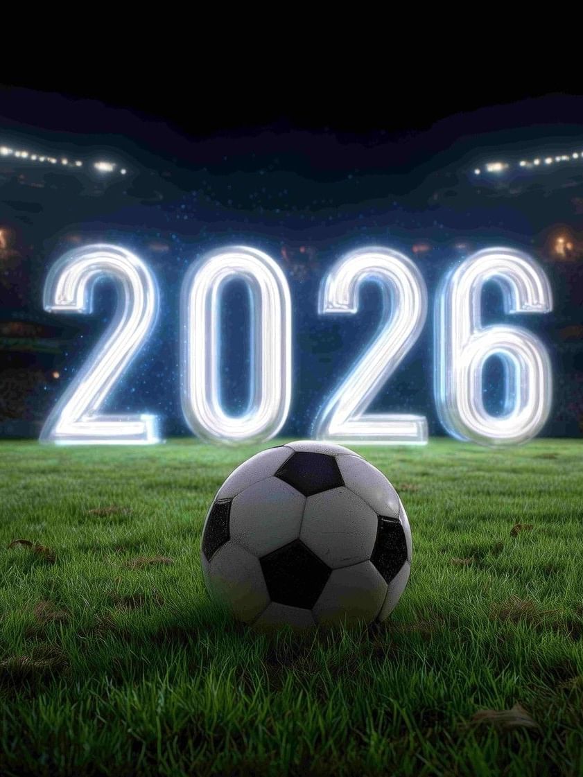 Soccer ball on grass by a glowing 2026 sign under stadium lights during a game at Warwick San Francisco
