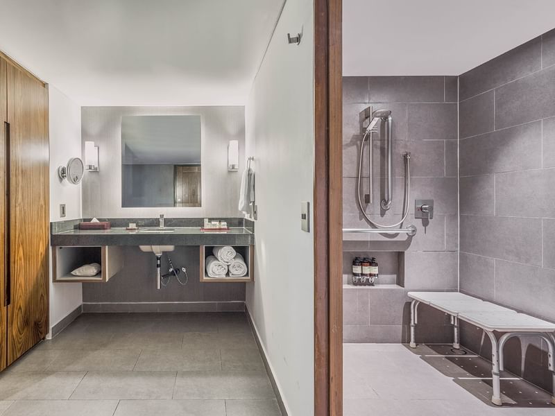 Accessible Room, Bathroom shower & vanity, FA Hotels & Resorts