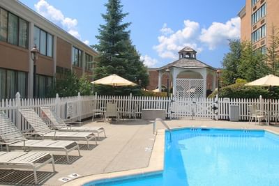 Outdoor pool with sun loungers at Ethan Allen Hotel