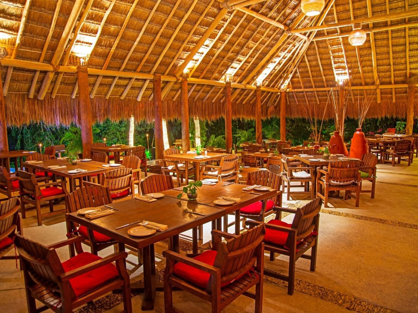 restaurant dining room with canopy roof