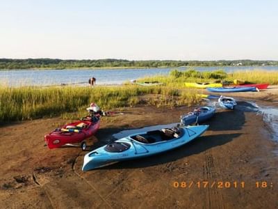 Severa kaya lined up on a sandy shore by a calm lake near Breezeway Boutique Hotel