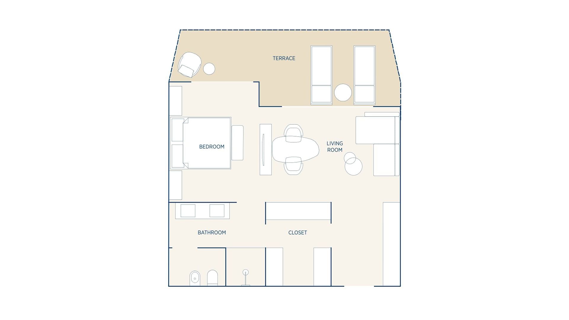 A floor plan of a house with a terrace, living room, bedroom, bathroom, and closet.