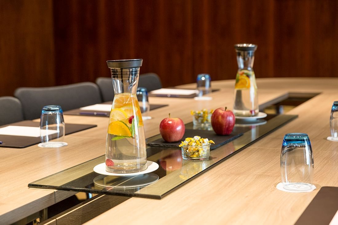 Close-up of fruit infusion water jars kept in Gobelin at Warwick Geneva