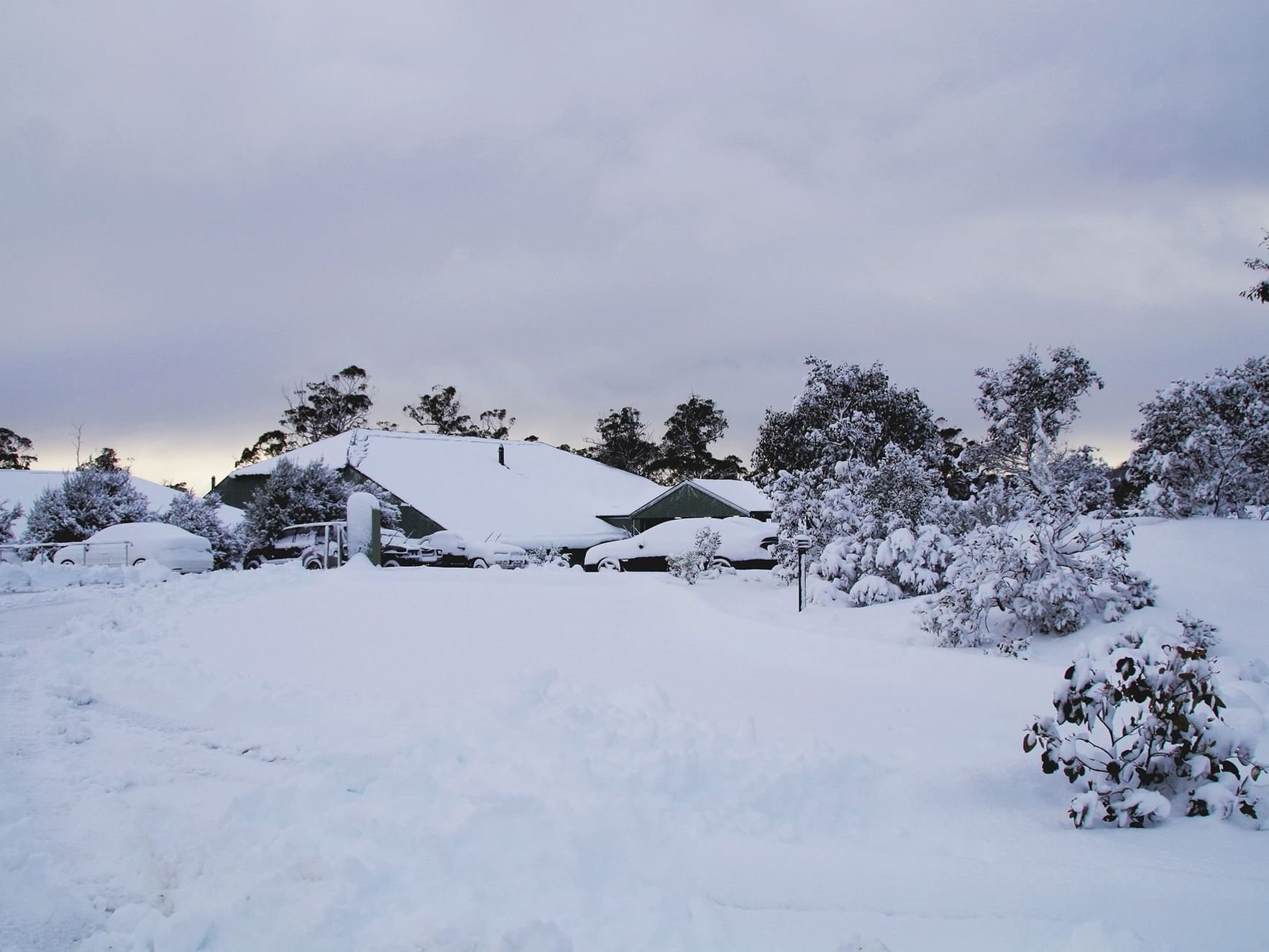 Exterior view of Cradle Mountain Hotel covered with snow
