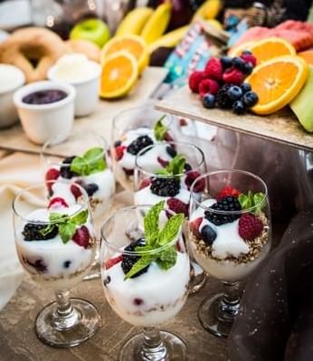 Glasses of yogurt with berries and mint, served at Michigan Ross Conference Center.
