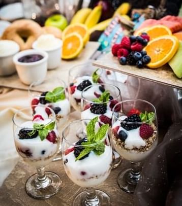 Glasses of yogurt with berries and mint, served at Michigan Ross Conference Center.