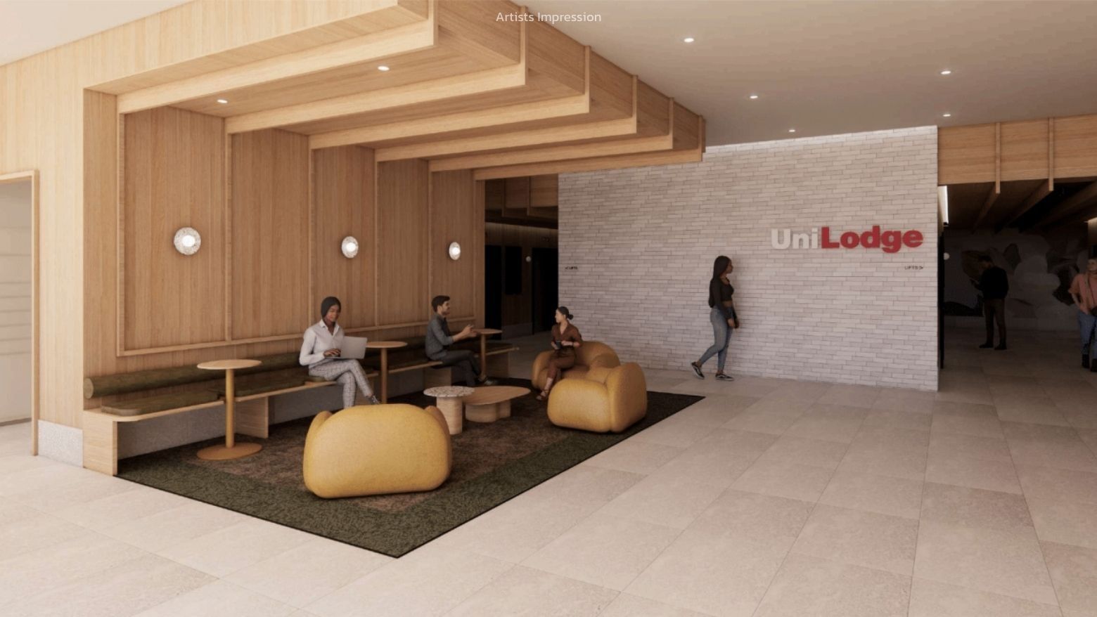 People relax in a modern, wooden-paneled lobby with seating area at UniLodge.