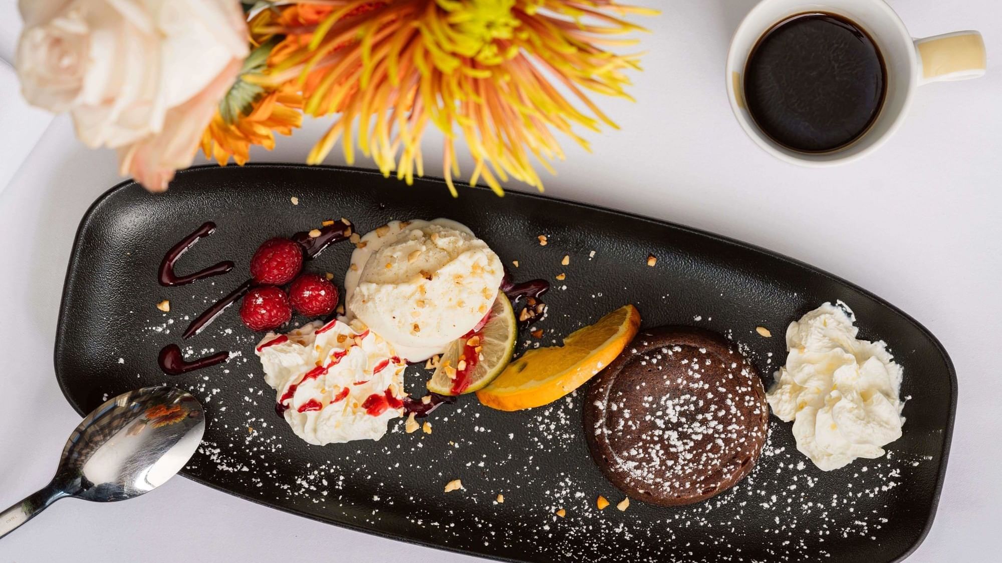Close-up of Chocolate cake served in Teseo Restaurant at Warwick Geneva