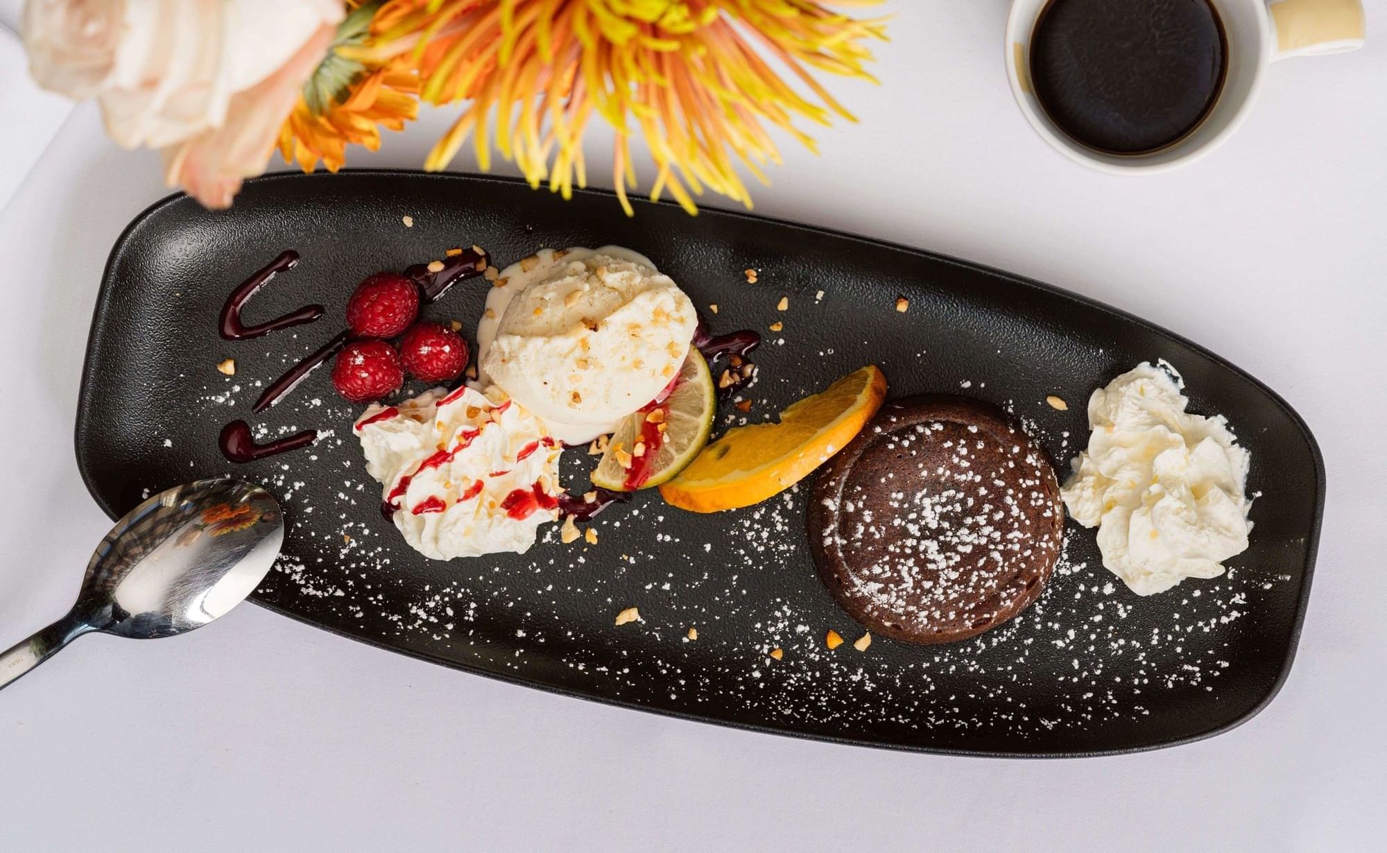 Close-up of chocolate lava cake served in Téséo Restaurant at Warwick Geneva