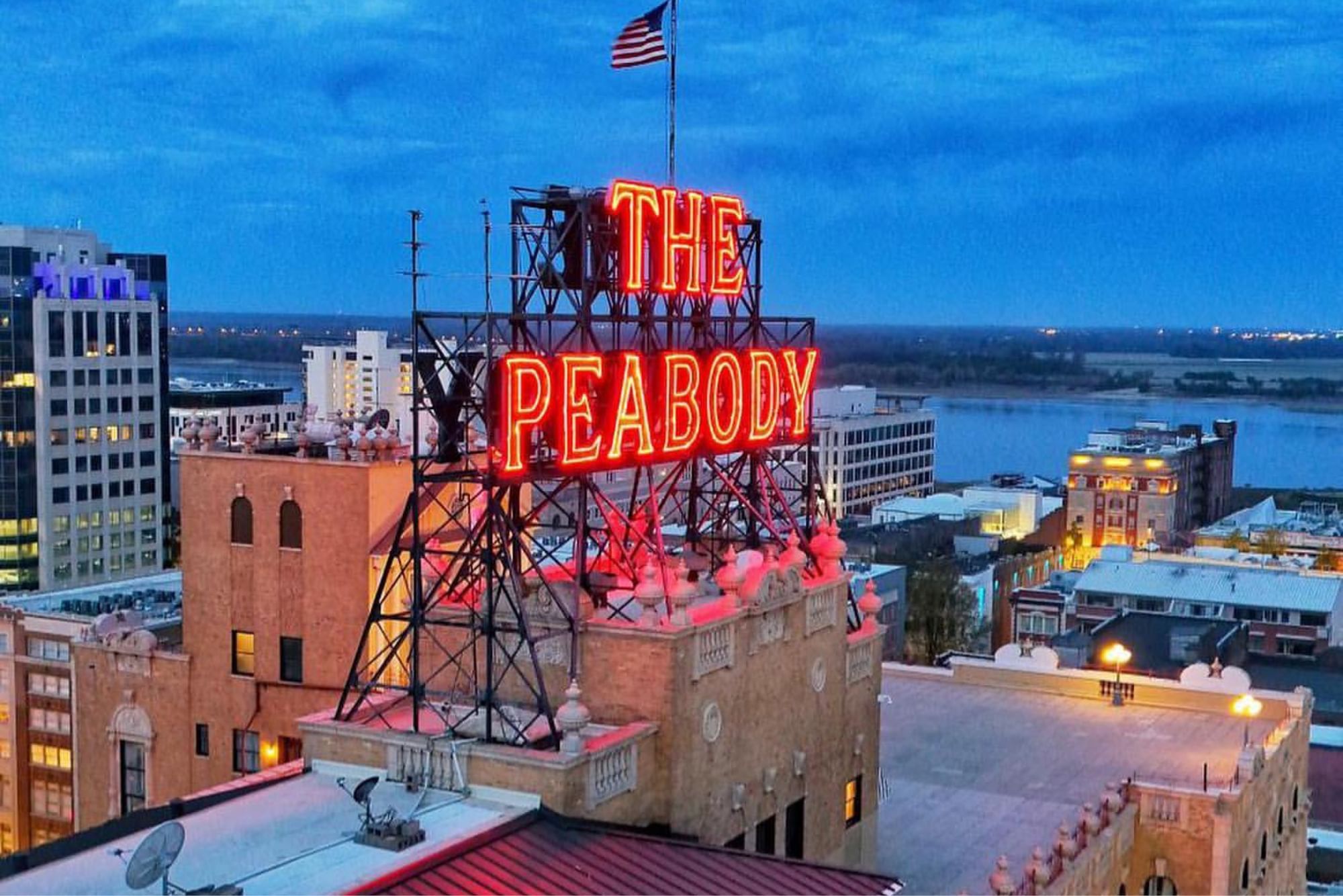 An aerial photo of the sunrise taken in the Rooftop of The Peabody Hotel in Memphis