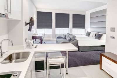 The pantry area and the bedroom at the Sandman Signature Newcast