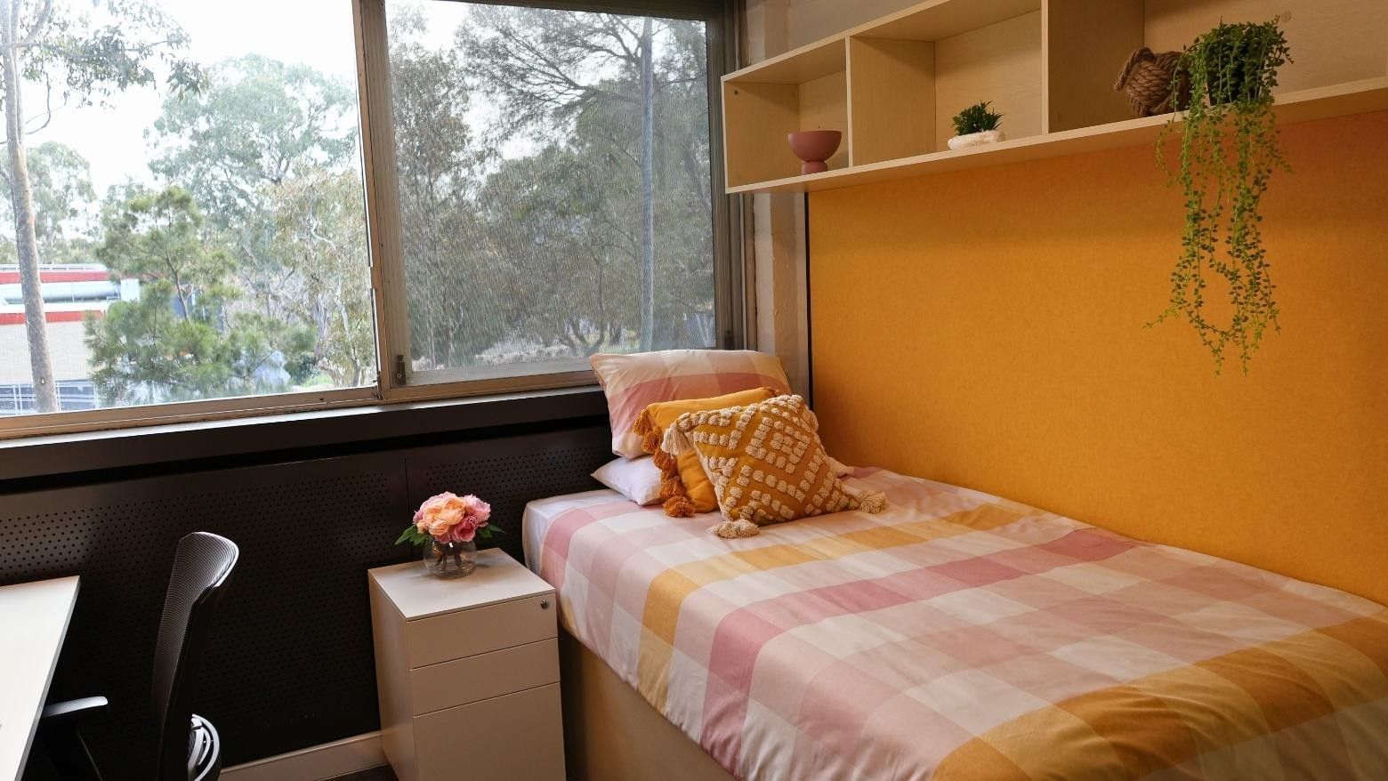 Cozy room with yellow walls, bed, desk, chair, and plants at La Trobe University – Menzies College.