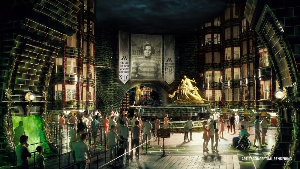 A conceptual rendering of a grand lobby made of dark stone with levels of glowing window surrounding a golden statue and black-and-white banners featuring a woman with short hair in a striped shirt. 