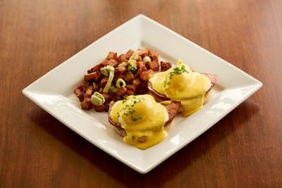 Close-up of egg benedict dish at The IowaStater Restaurant