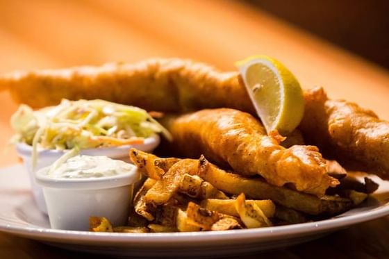 Fish and chips with salad served at Chilled Cork Restaurant at Retro Suites Hotel