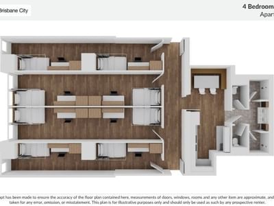 Floor plan of a 4 bedroom twin share apartment at UniLodge Brisbane City.