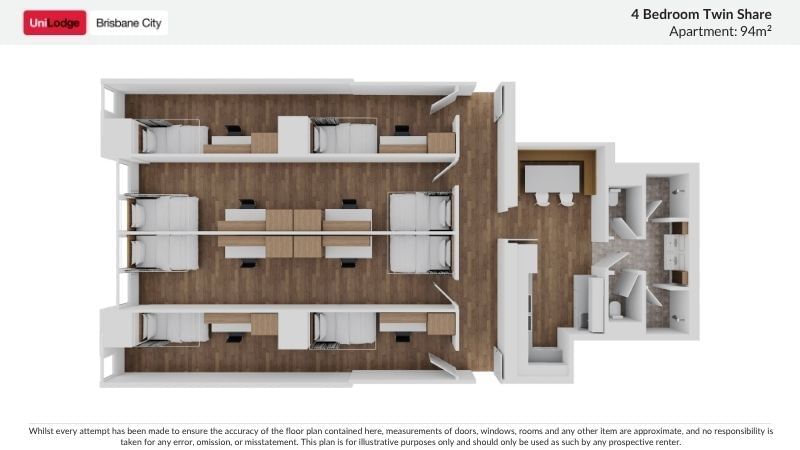 Floor plan of a 4 bedroom twin share apartment at UniLodge Brisbane City.