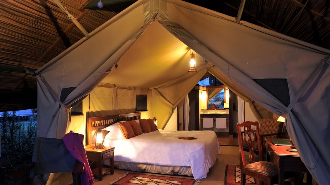Interior of Standard wing tent at Sweetwaters Serena Camp