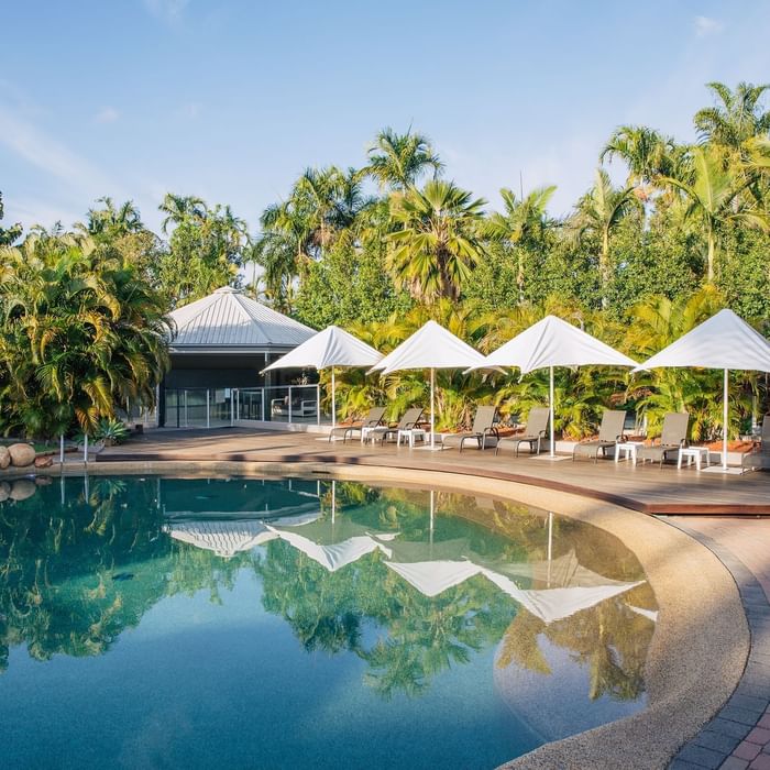 Outdoor pool surrounded by lush greenery, umbrellas, and lounge chairs at Mercure Hotel Townsville