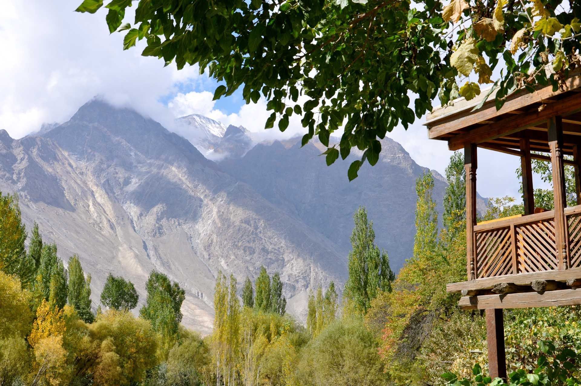 Landscape view of mountains & trees near Shigar Fort Residence