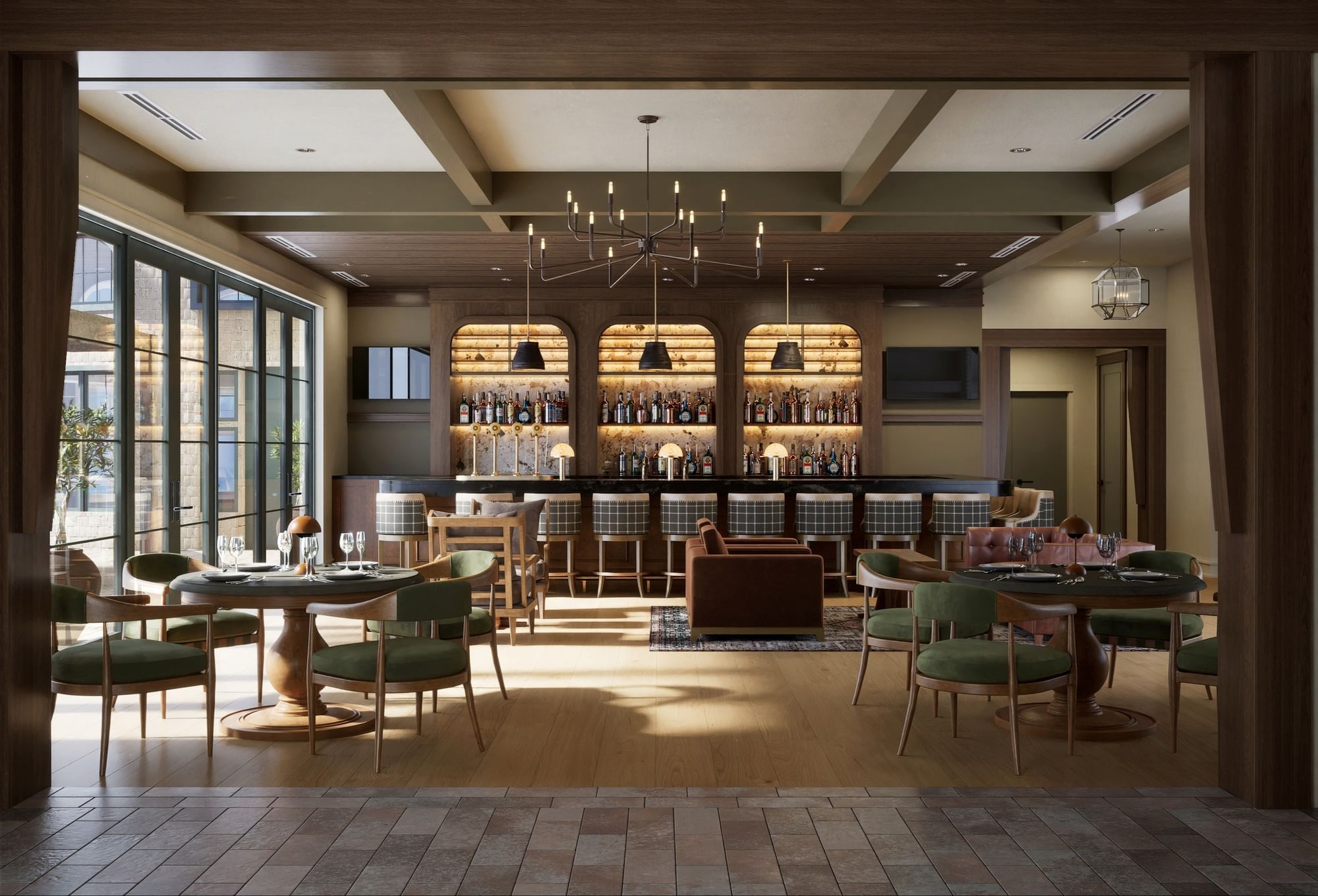 Elegant restaurant with bar, tables, chairs, large windows, and a chandelier hanging above the bar.