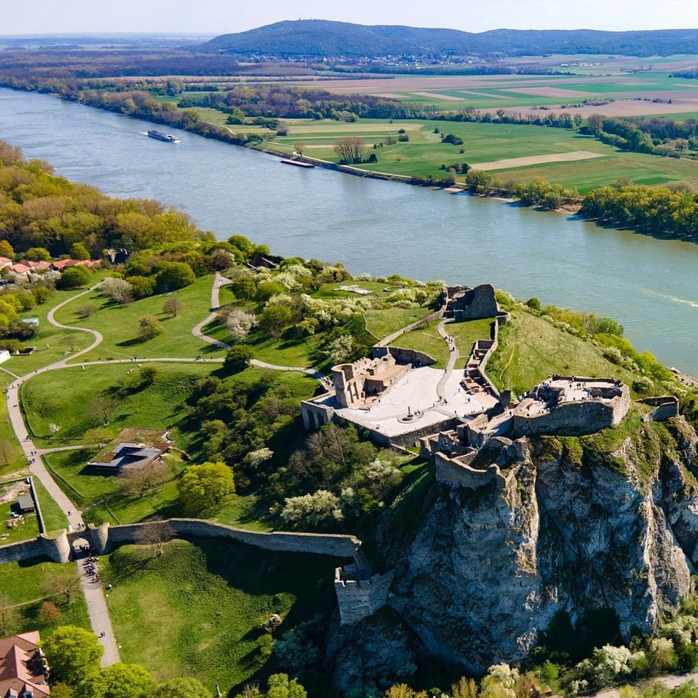 Aerial view of Devín Castle near Falkensteiner Hotels
