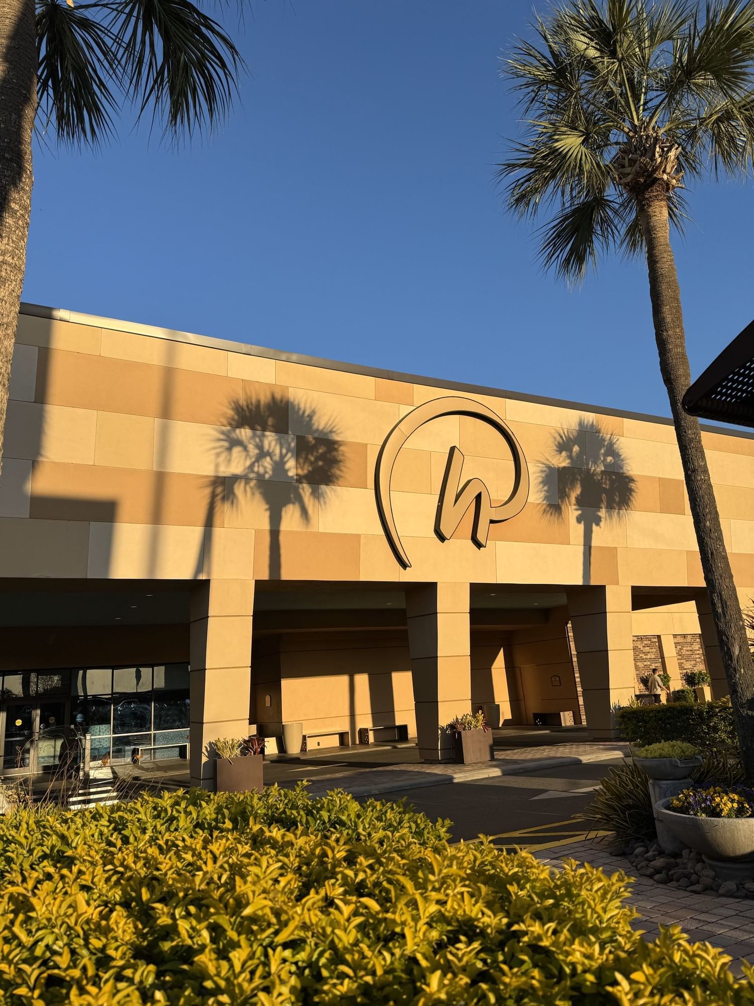 The front of Rosen Inn International surrounded by palm trees that are casting shadows during a sunset. 