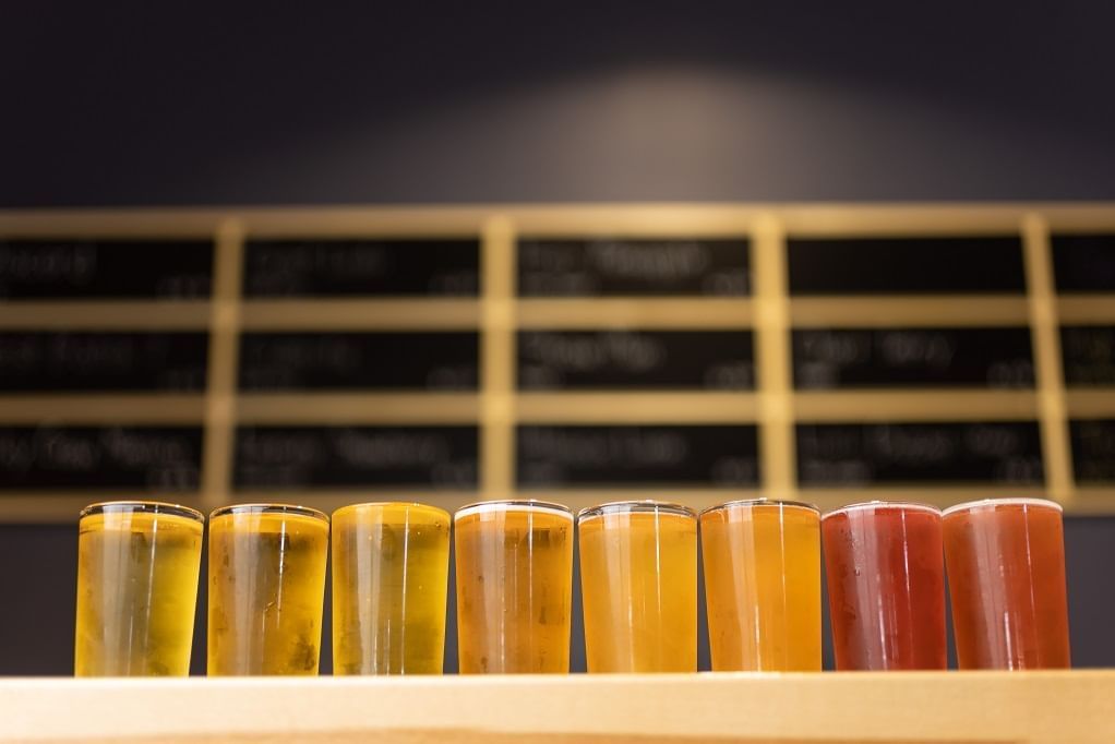 a flight of eight beers in clear glasses on a wooden bar