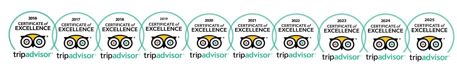 A banner showcasing a series of 10 consecutive trip Advisor awards