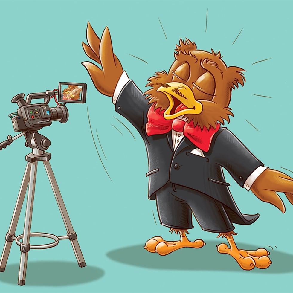 Illustrazione di un uccello in abito elegante che parla davanti a una telecamera.