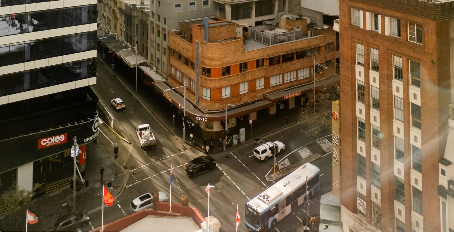 Aerial view of Ibis World Square and the street