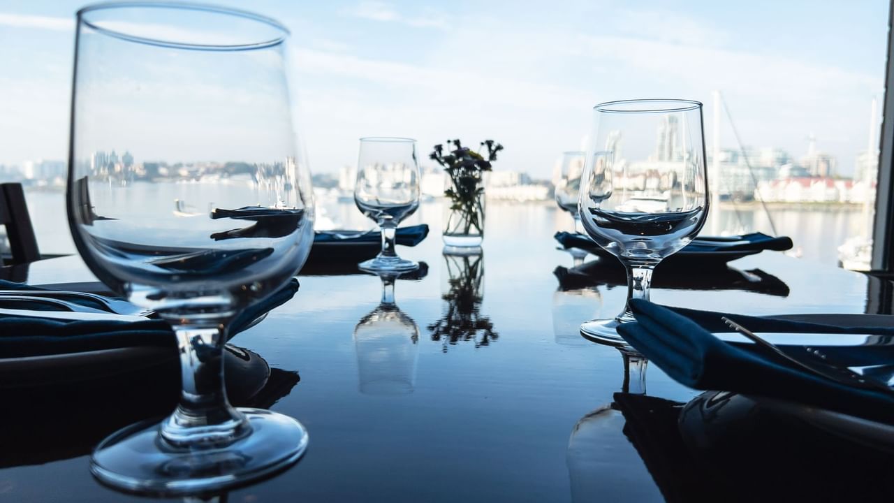 Blue Crab glasses and set table