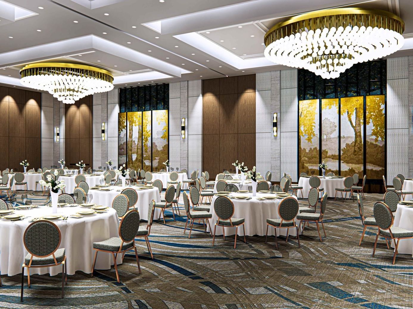 Banquet-style table set up in the Ballroom with interior & decor at Godfrey Hotel Detroit