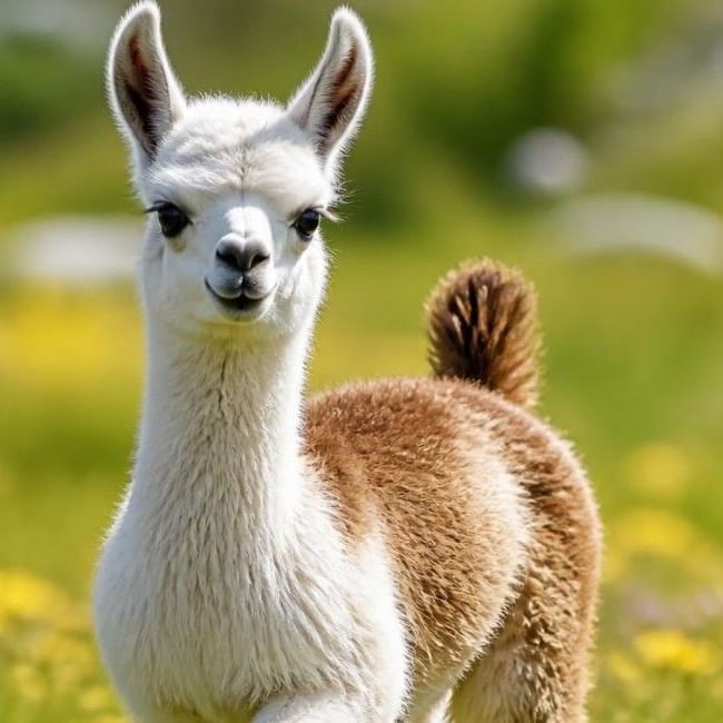 White alpaca with brown and white markings standing in a sunny meadow with yellow wildflowers at Godstone Farm.
