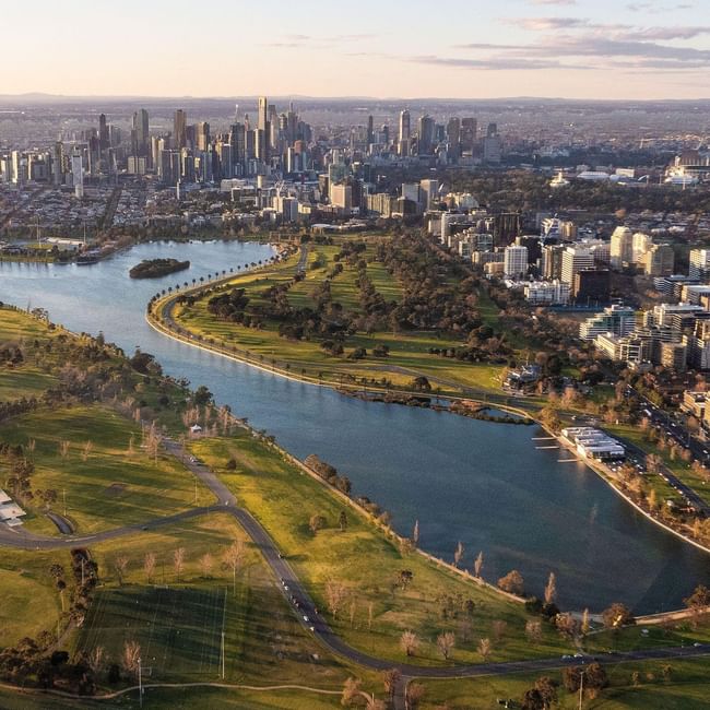 Albert Park Lake featuring Pullman & Mercure Melbourne Albert Park in the bottom right of the image.
