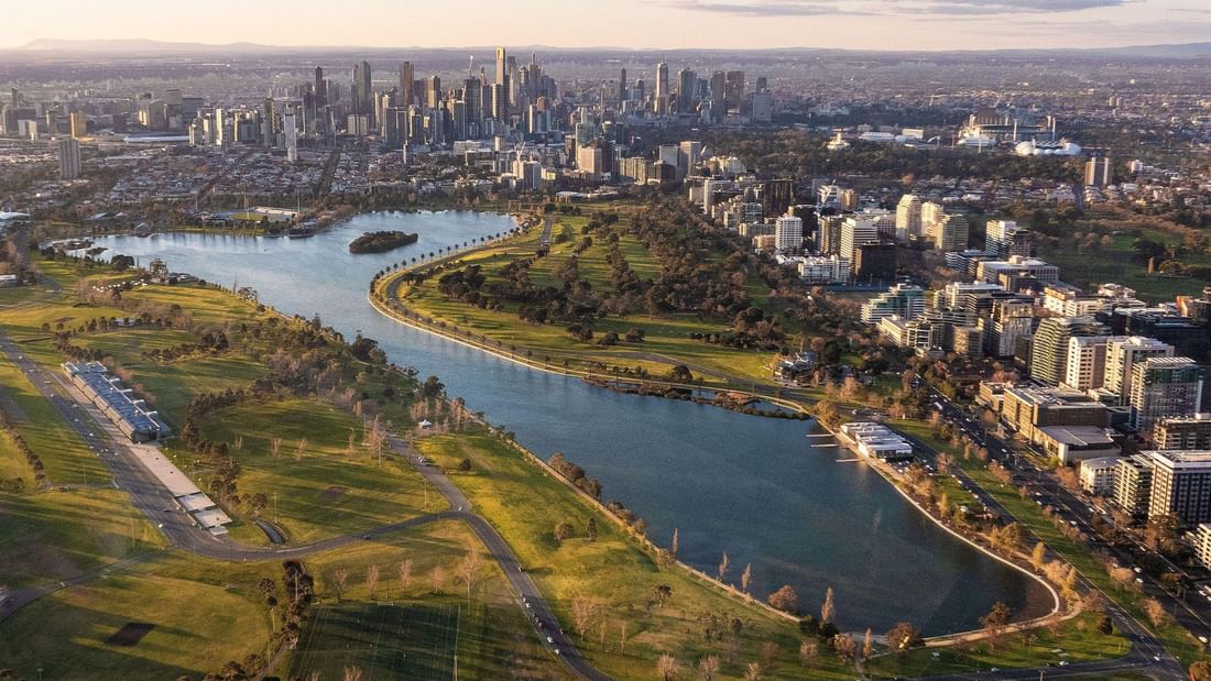 Albert Park Lake featuring Pullman & Mercure Melbourne Albert Park in the bottom right of the image.
