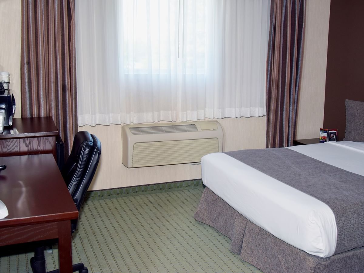A hotel room with a bed, desk, chair, lamp, and window with curtains.