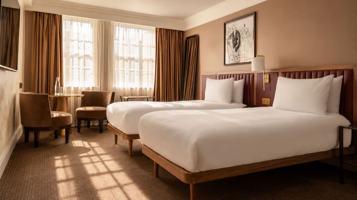 Two beds in an accessible room at The May Fair Hotel, London.