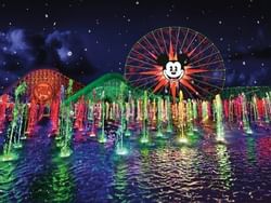 Colorful fountains and Mickey Mouse Ferris wheel at Disney California Adventure® Park.
