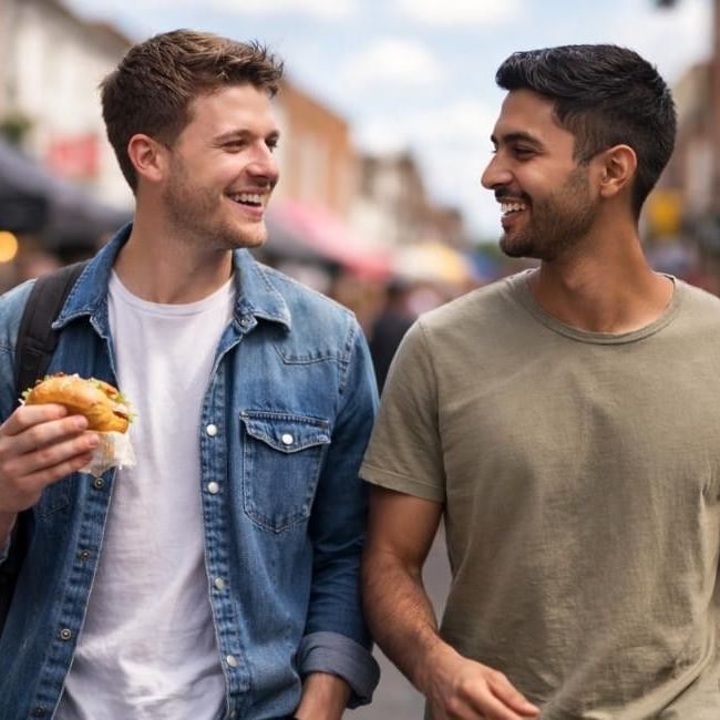 Friends enjoying the Godalming food festival with some food in hand